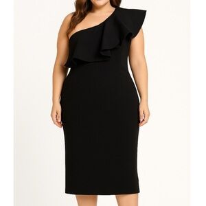 LuLu's dress one shoulder ruffle bodycon knee length black LBD side zip up SZ LG